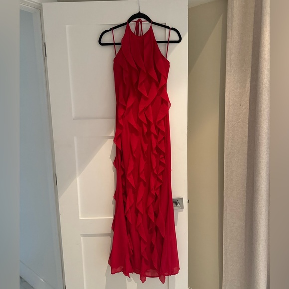 Red Ruffle Halter Gown Size Small - Criss Cross Tie Back - Picture 2 of 7
